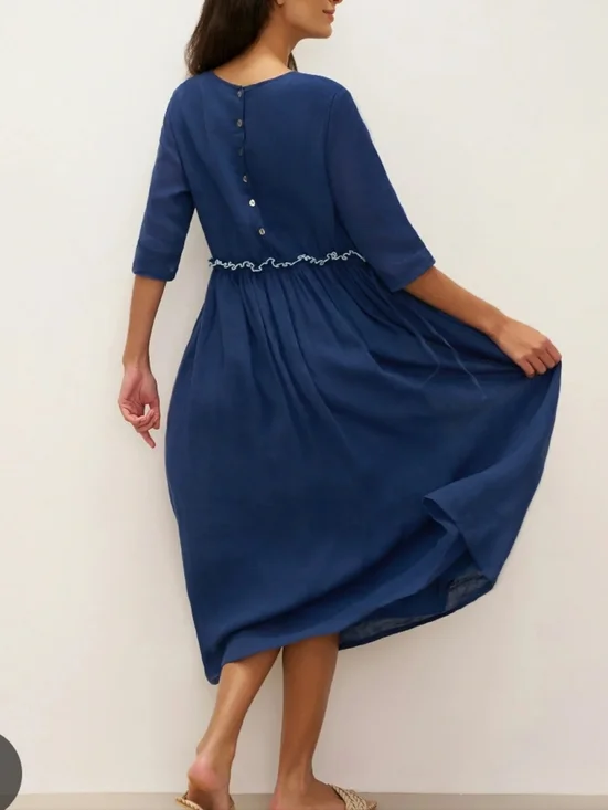 Lintico Navy 100% Linen Lagenlook Jasmine Drawstring Waist Dress Size M - Picture 2 of 8